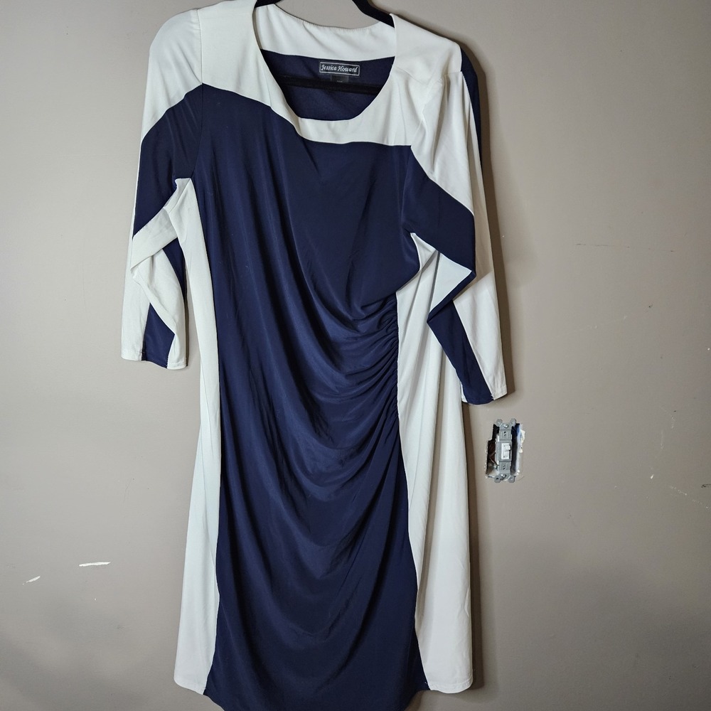 Jessica Howard Colorblock A-Line Dress Scoop Neck Ruched 3/4 Sleeve 16W Ptp 20"